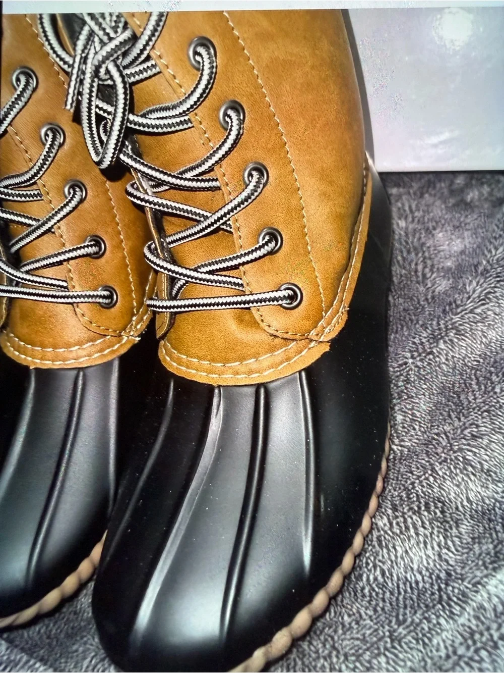 Report Tan and Black Lace-Up Duck Boots